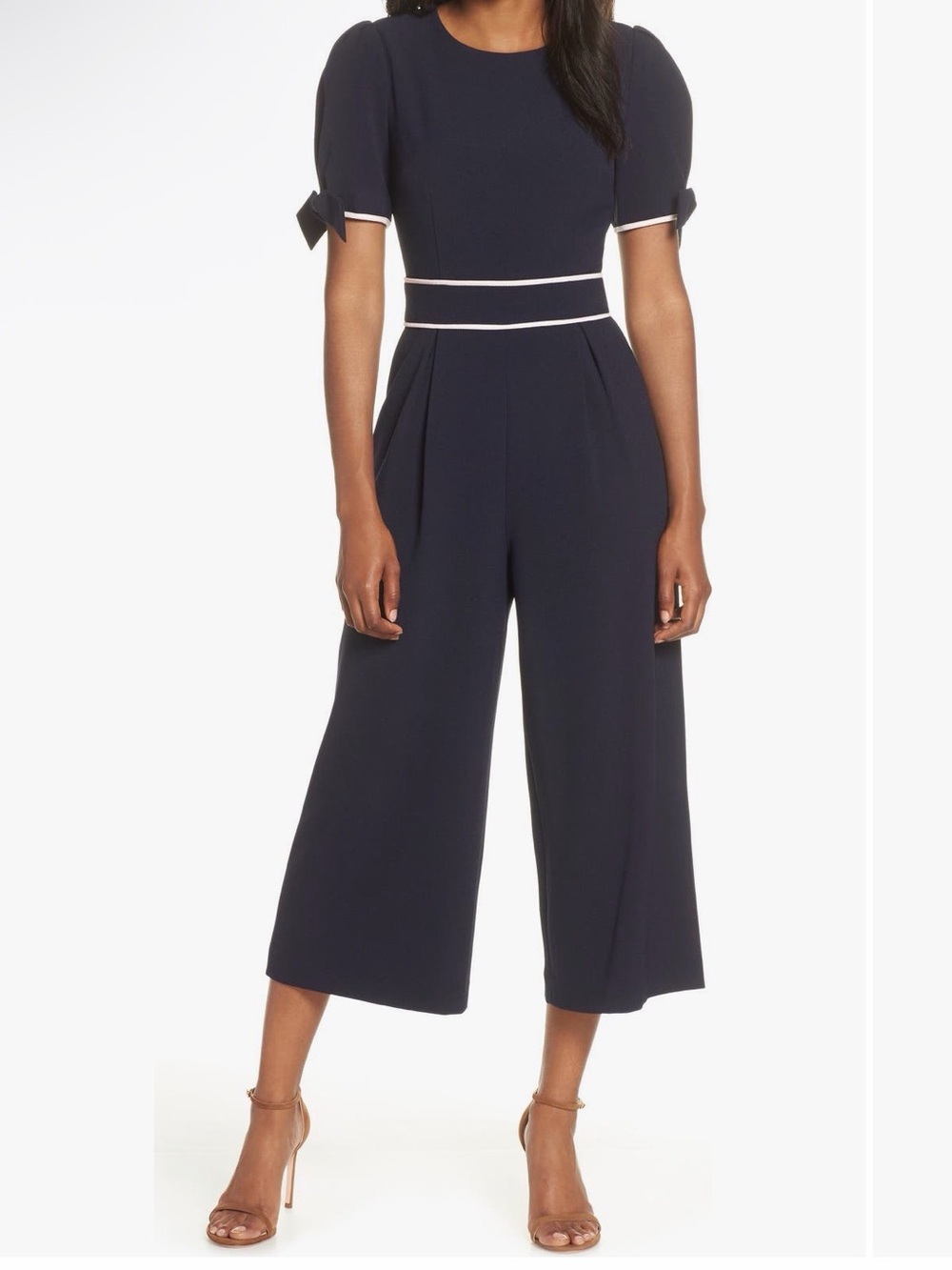 Eliza J Navy Cropped Wide-Leg Jumpsuit with White Trim